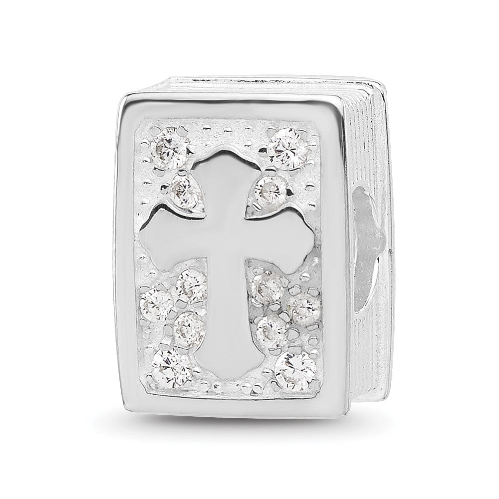 SS Reflections RH-plated Enamel &CZ Cross Jesus Loves You Square Bead