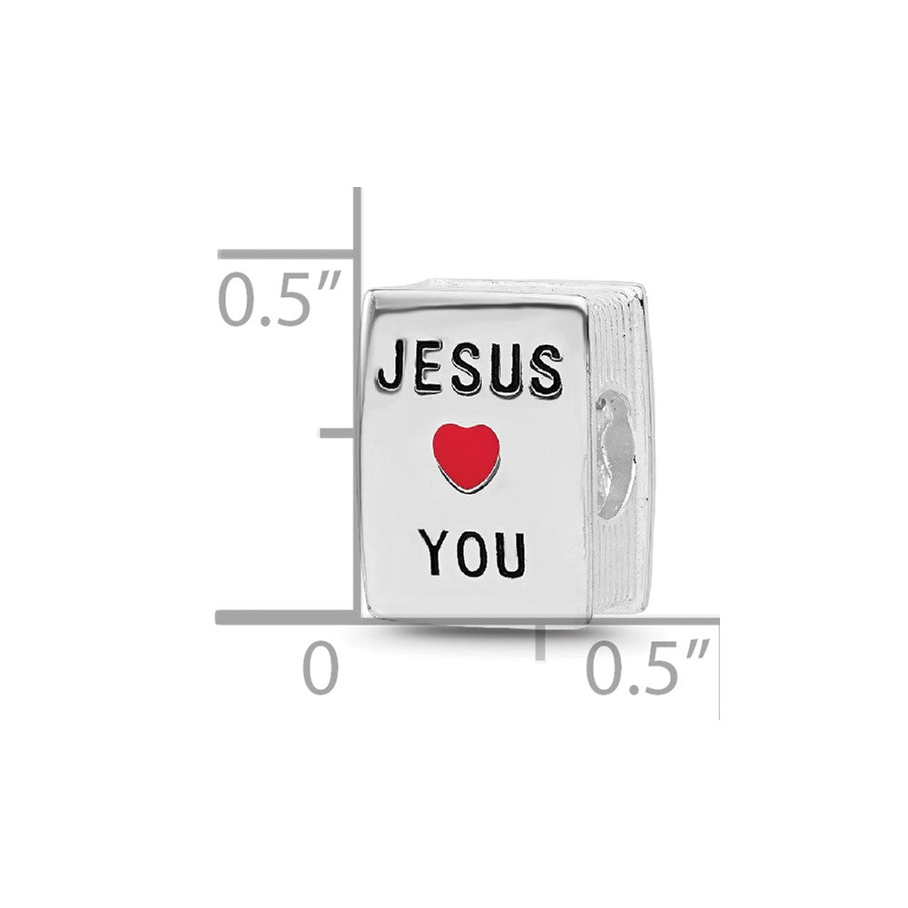 SS Reflections RH-plated Enamel &CZ Cross Jesus Loves You Square Bead