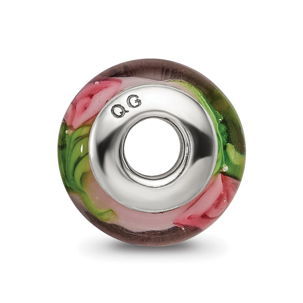 Kids Collection Sterling Silver Hand-blown Pink with Flower Pattern Glass Reflections Bead