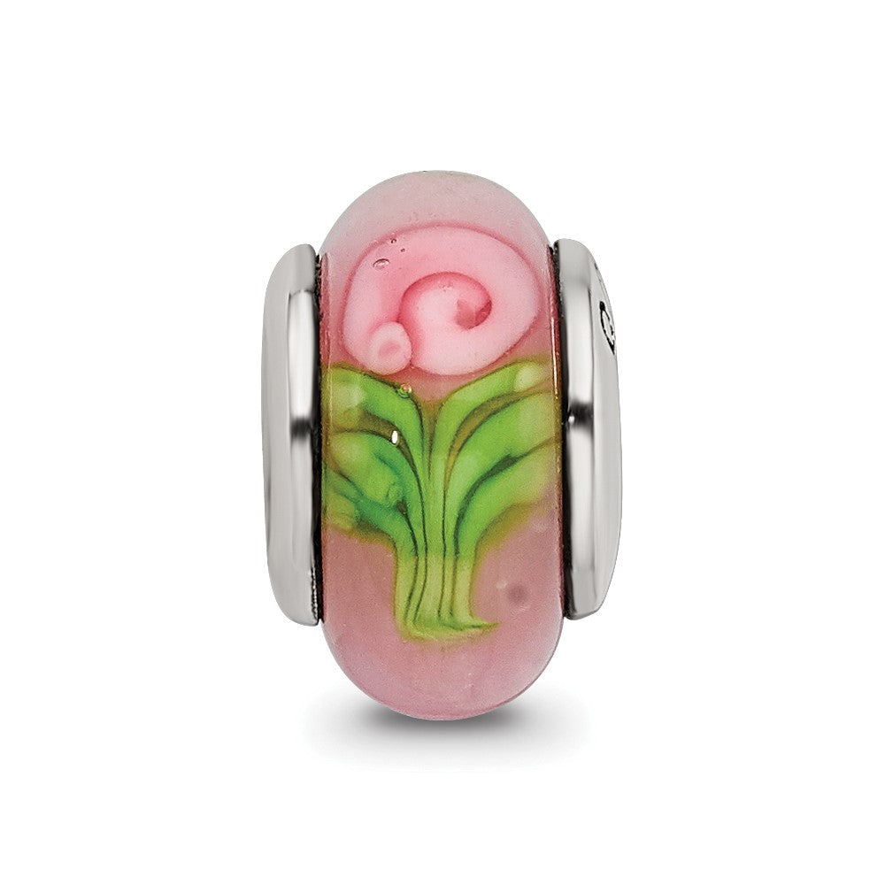Kids Collection Sterling Silver Hand-blown Pink with Flower Pattern Glass Reflections Bead