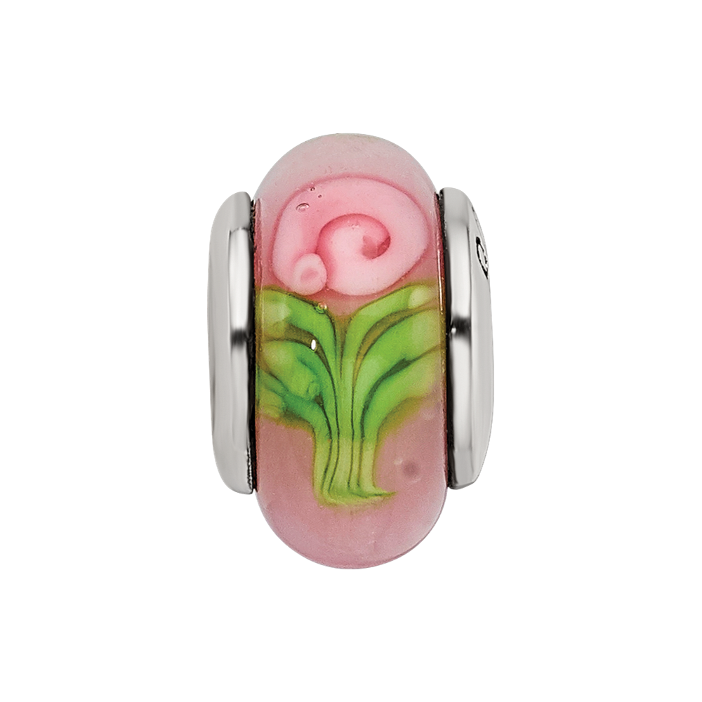Kids Collection Sterling Silver Hand-blown Pink with Flower Pattern Glass Reflections Bead