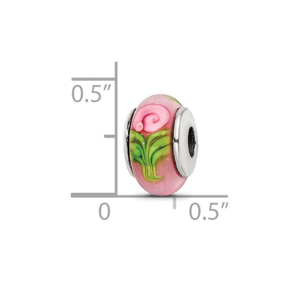 Kids Collection Sterling Silver Hand-blown Pink with Flower Pattern Glass Reflections Bead
