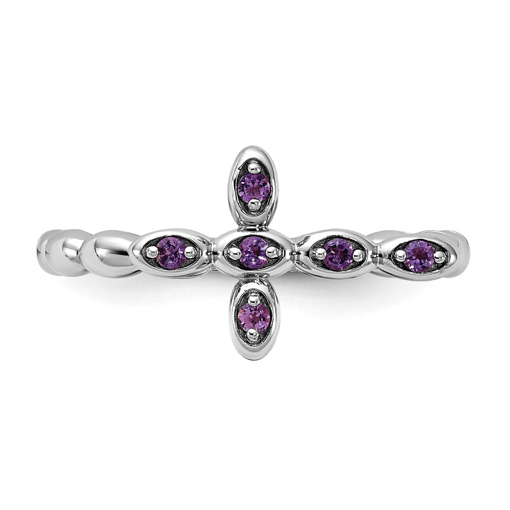 Sterling Silver Stackable Expressions Rhodium-plated Amethyst Cross Ring