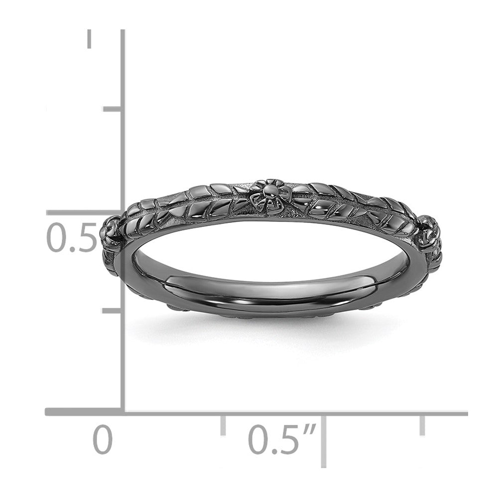 Sterling Silver Stackable Expressions Black Rhodium Textured Flowers Ring