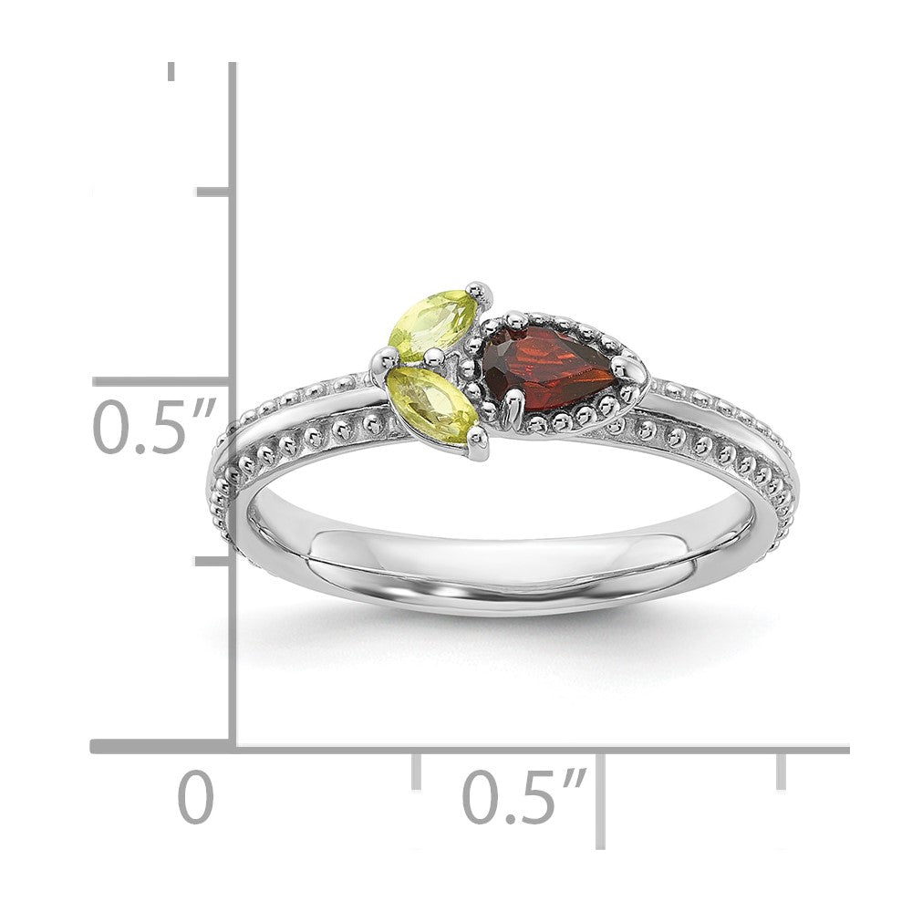Sterling Silver Stackable Expressions Rhodium-plated Textured Garnet and Peridot Flower Ring