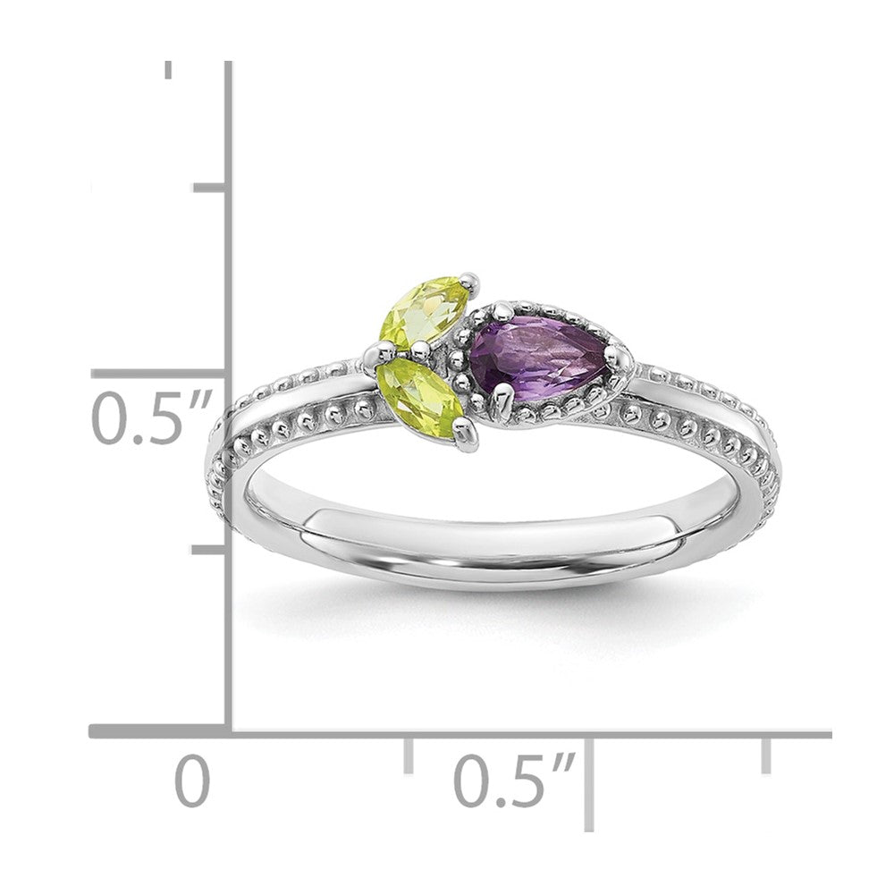Sterling Silver Stackable Expressions Rhodium-plated Textured Amethyst and Peridot Flower Ring