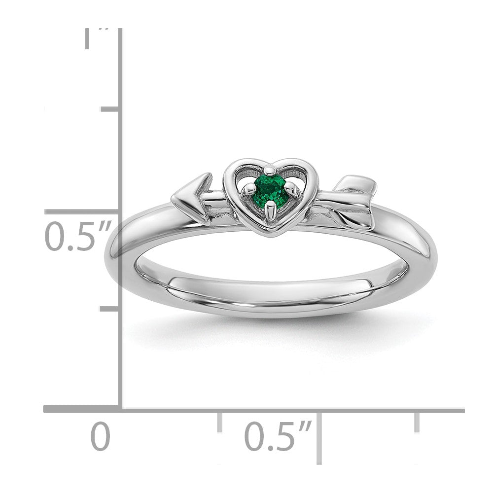 Sterling Silver Stackable Expressions Rhodium-plated Created Emerald Heart with Arrow Ring