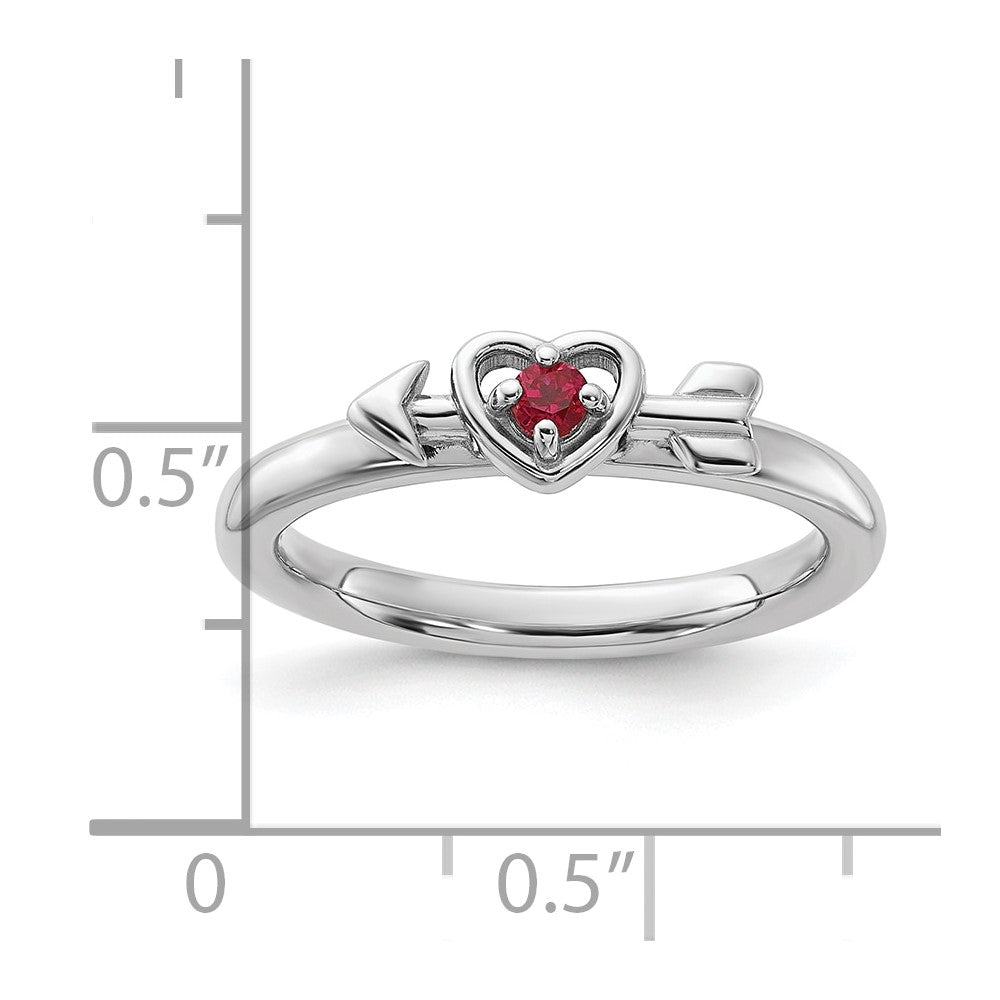 Sterling Silver Stackable Expressions Rhodium-plated Created Ruby Heart with Arrow Ring