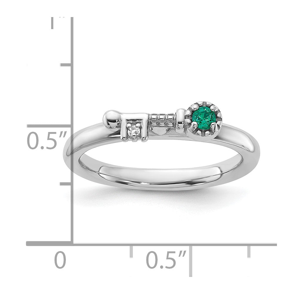 Sterling Silver Stackable Expressions Rhodium-plated Created Emerald and White Topaz Key Ring