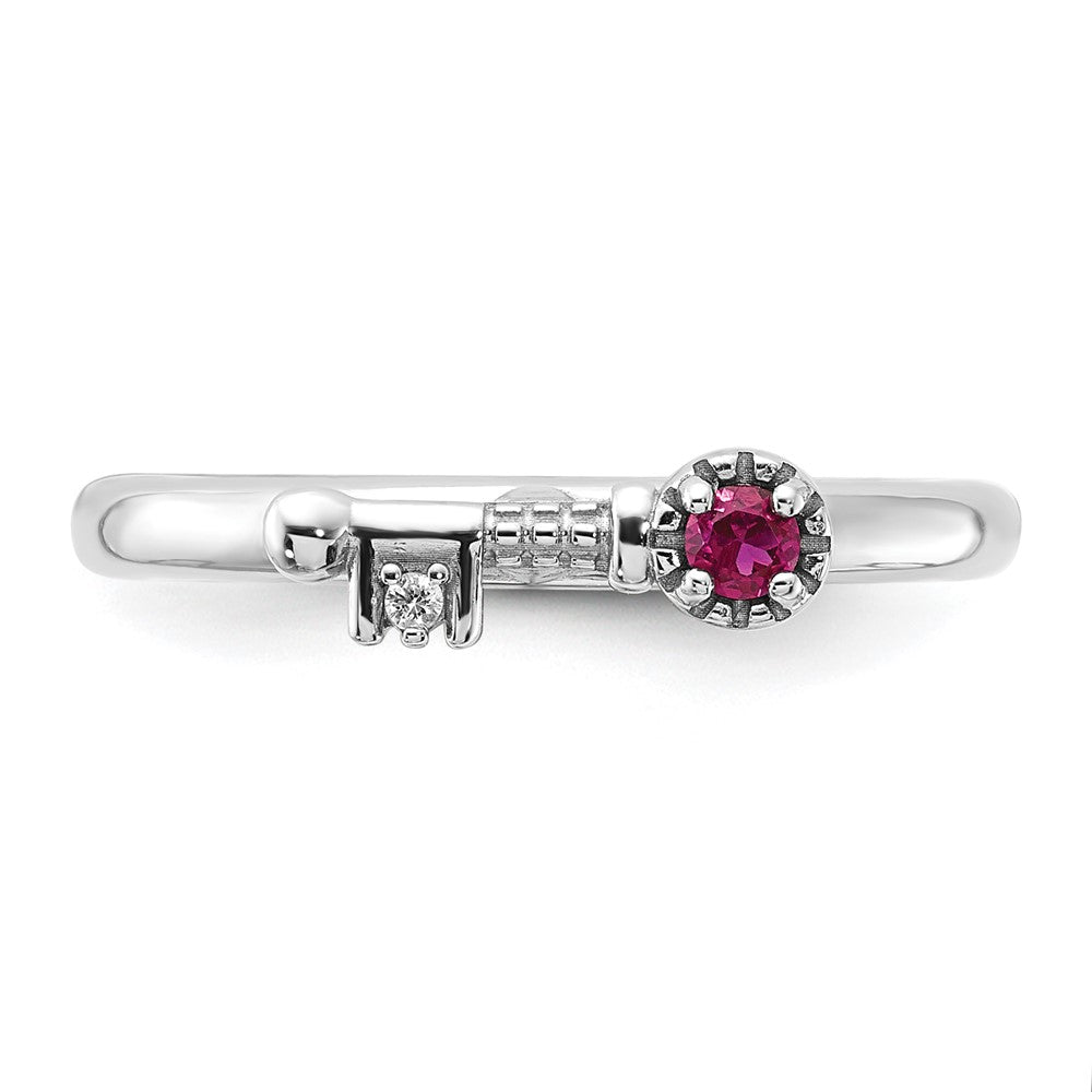 Sterling Silver Stackable Expressions Rhodium-plated Created Ruby and White Topaz Key Ring