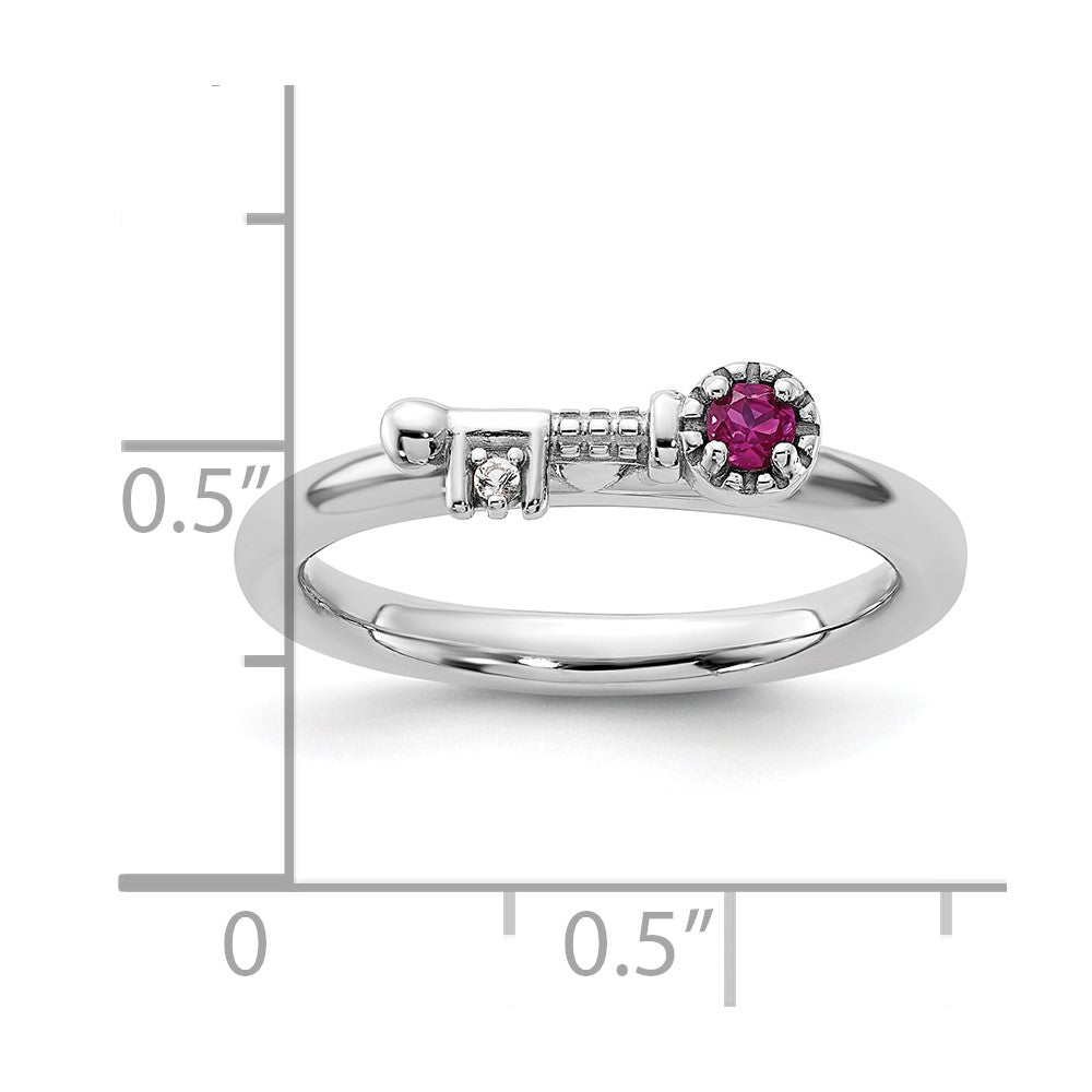 Sterling Silver Stackable Expressions Rhodium-plated Created Ruby and White Topaz Key Ring