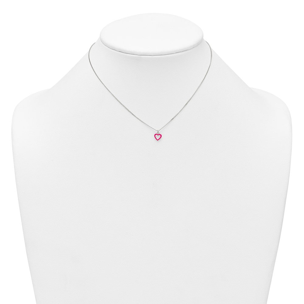 Sterling Silver Polished Pink Enamel Open Heart Childrens 14 inch Necklace and Post Earrings Set