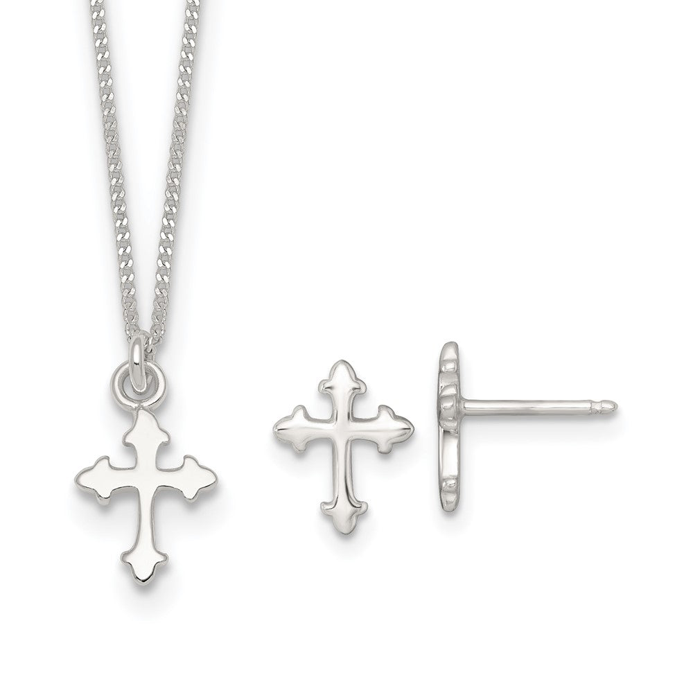 Sterling Silver Polished Cross Childrens 14 inch Necklace and Post Earrings Set