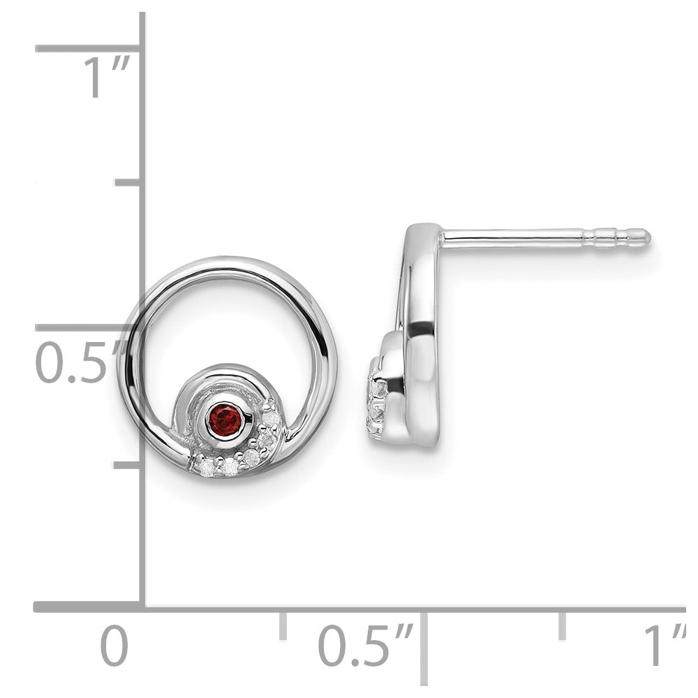 Sterling Silver RH Plated White Ice .03ct. Dia. and Garnet Post Earrings