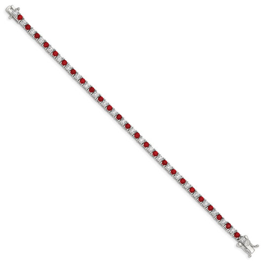 Sterling Silver Rhodium-plated Red Glass and CZ 7 inch Bracelet