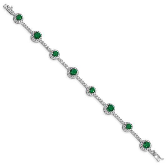 Sterling Silver Rhodium-plated Round Green and Clear CZ Halo 7.5 inch Bracelet