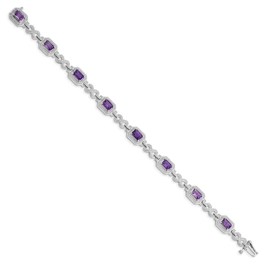 Sterling Silver Rhodium-plated Diamond & Amethyst Bracelet