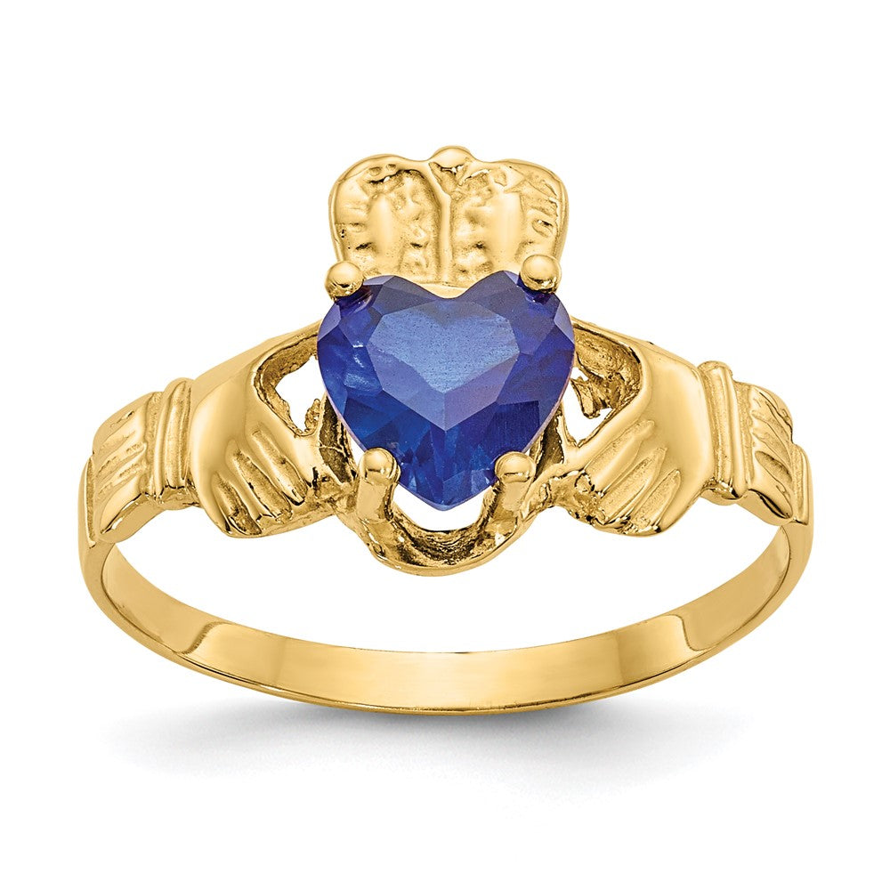 14k September CZ Heart Birthstone Claddagh Ring