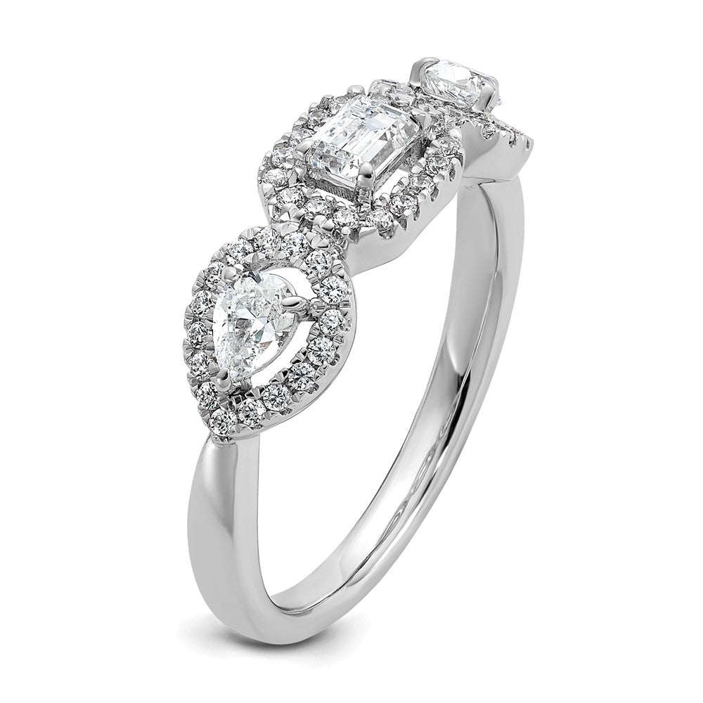 14k White Gold 5/8 carat Lab Grown Diamond VS/SI+ G+ Three Stone Emerald and Pear Complete Engagement Ring