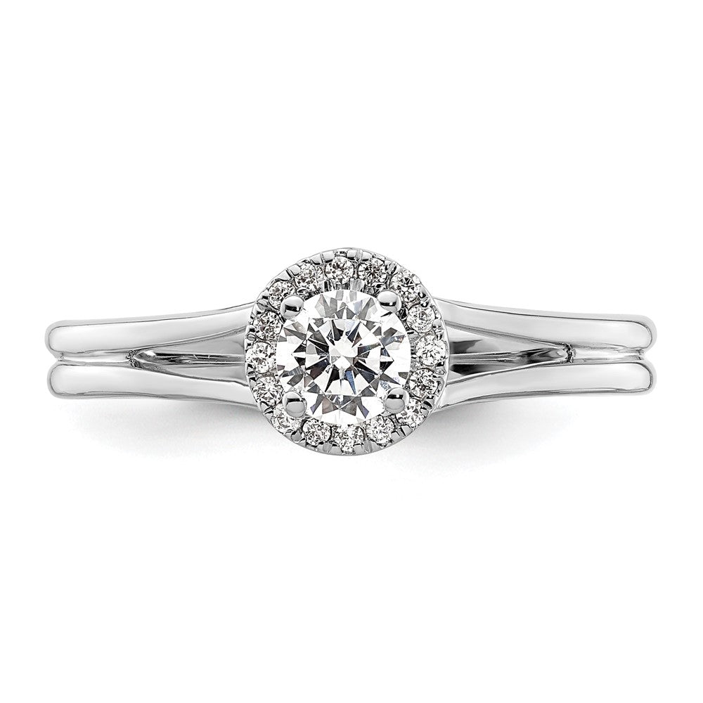 14k White Gold Halo (Holds 1/4 carat (4mm) Round Center) 1/20 carat Diamond Semi-mount Split Shank Engagement Ring