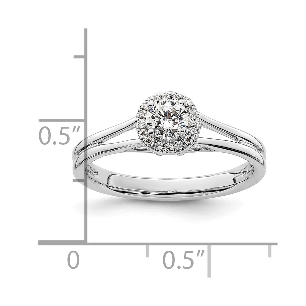 14k White Gold Halo (Holds 1/4 carat (4mm) Round Center) 1/20 carat Diamond Semi-mount Split Shank Engagement Ring