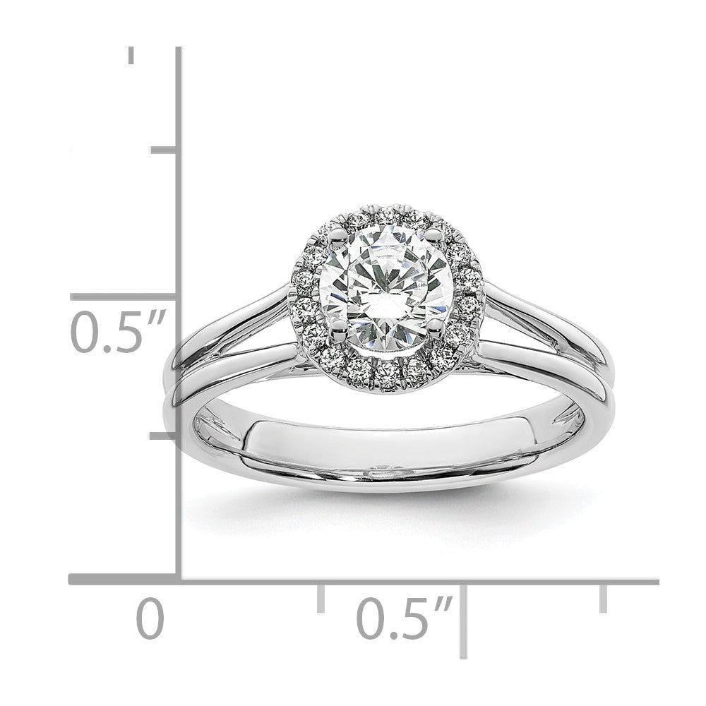 14k White Gold Halo (Holds 3/4 carat (5.7mm) Round Center) 1/10 carat Diamond Semi-mount Split Shank Engagement Ring