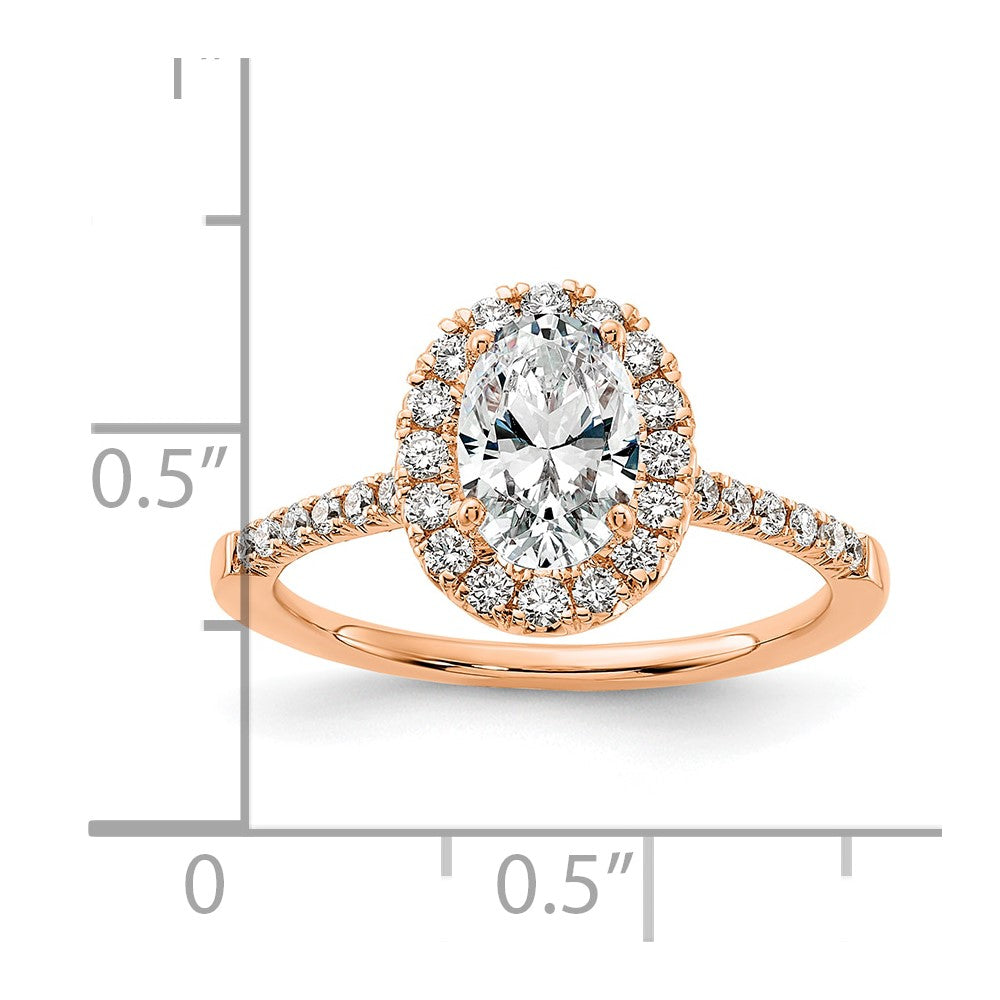 14k Rose Gold 3/8 carat Lab Grown Diamond VS/SI+ G+ 1 carat Center Oval Semi Mount Halo Engagement Ring
