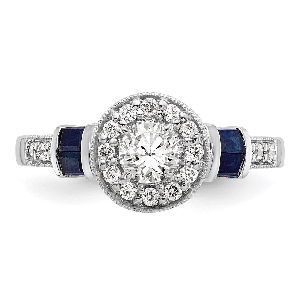 14k White Gold 1/2 carat Lab Grown Diamond VS/SI+ G+ and Created Sapphire Complete Round Halo Engagement Ring