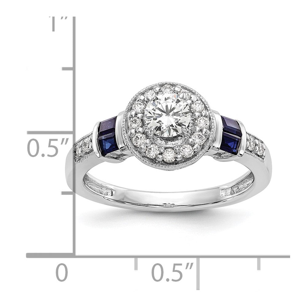 14k White Gold 1/2 carat Lab Grown Diamond VS/SI+ G+ and Created Sapphire Complete Round Halo Engagement Ring
