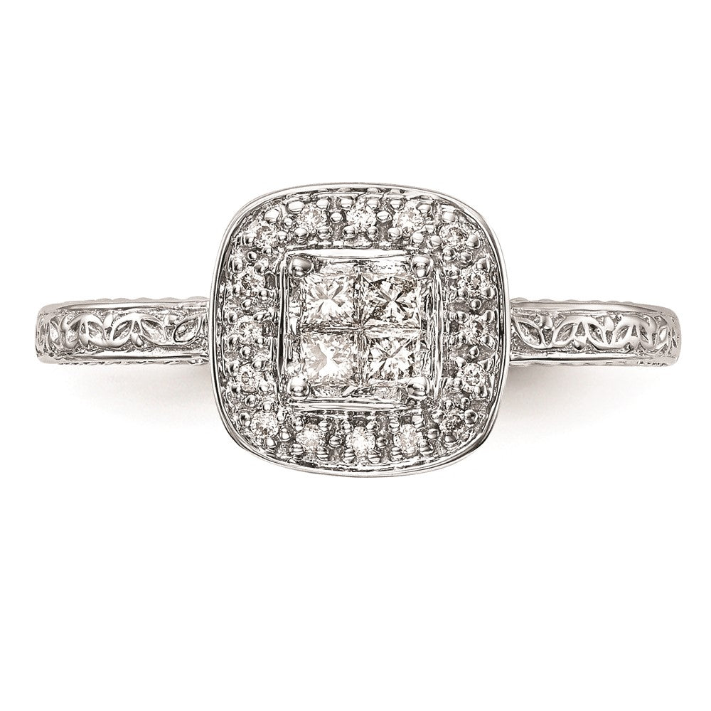 14K White Gold Square Halo Cluster 1/5 carat Princess/Round Diamond Complete Engagement Ring