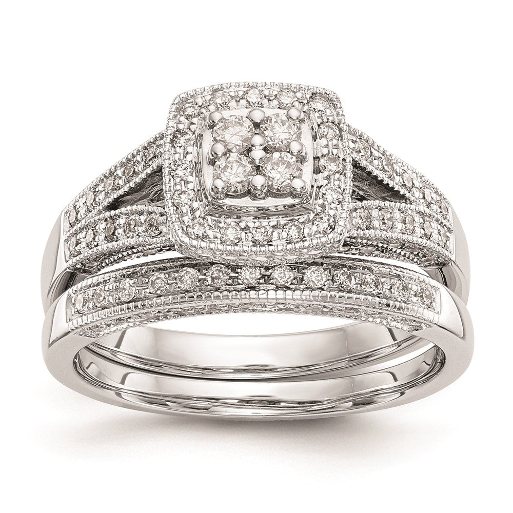 14K White Gold Square Halo Cluster 1/2 carat Diamond Complete Engagement Ring