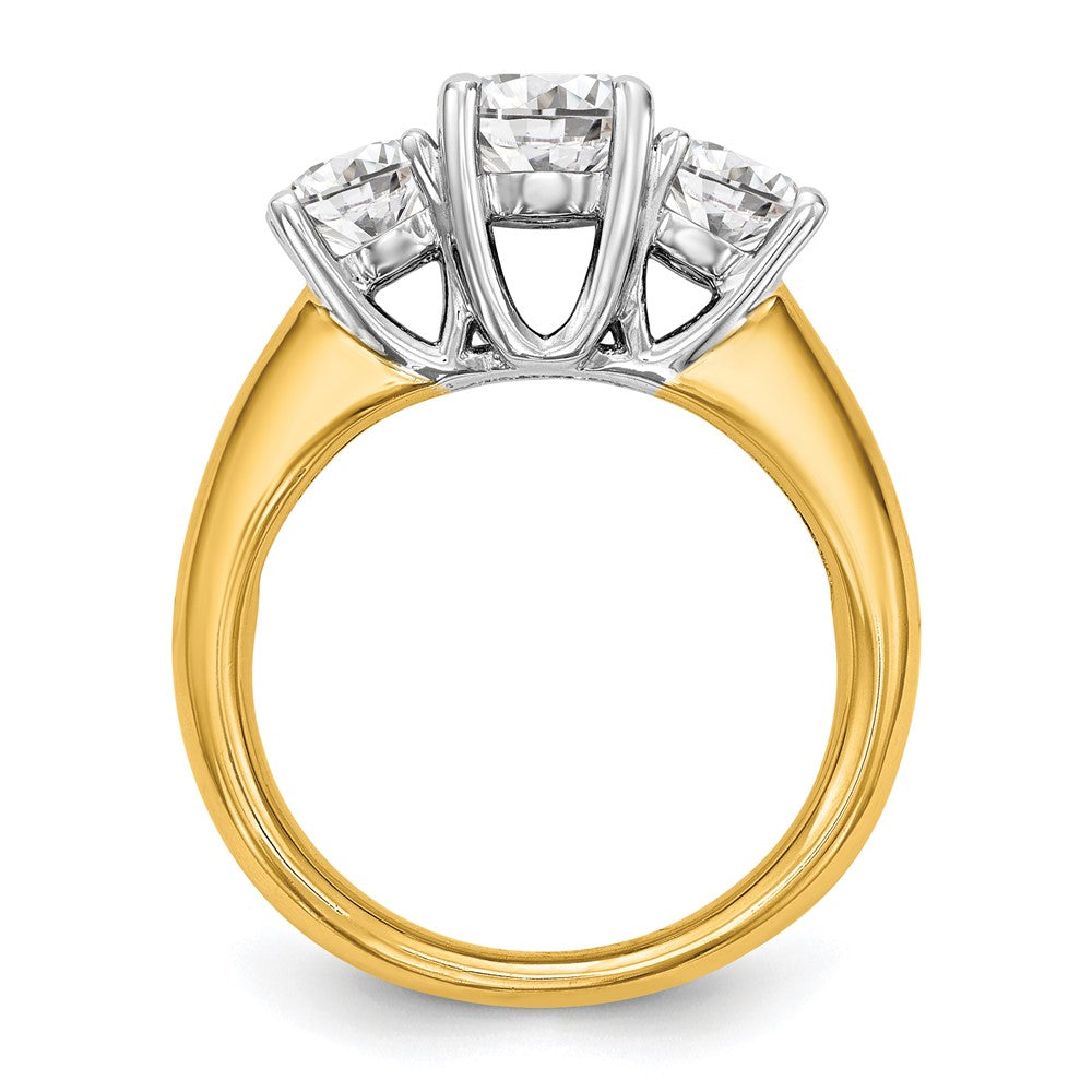 14k Two-tone Three Stone 1 carat Center Round and 1/2 carat Side Stone Engagement Ring Mounting