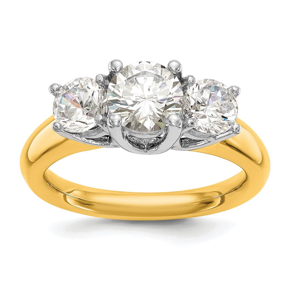 14k Two-tone Three Stone 1 carat Center Round and 1/2 carat Side Stone Engagement Ring Mounting