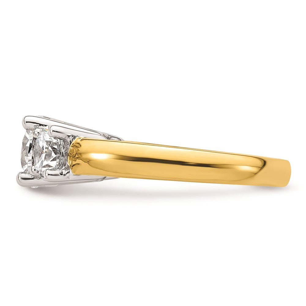 14K Two-tone 3-Stone (Holds 1.5 carat (7.5mm) Round Center and (2-5.8mm) Round Sides) Engagement Ring Mounting