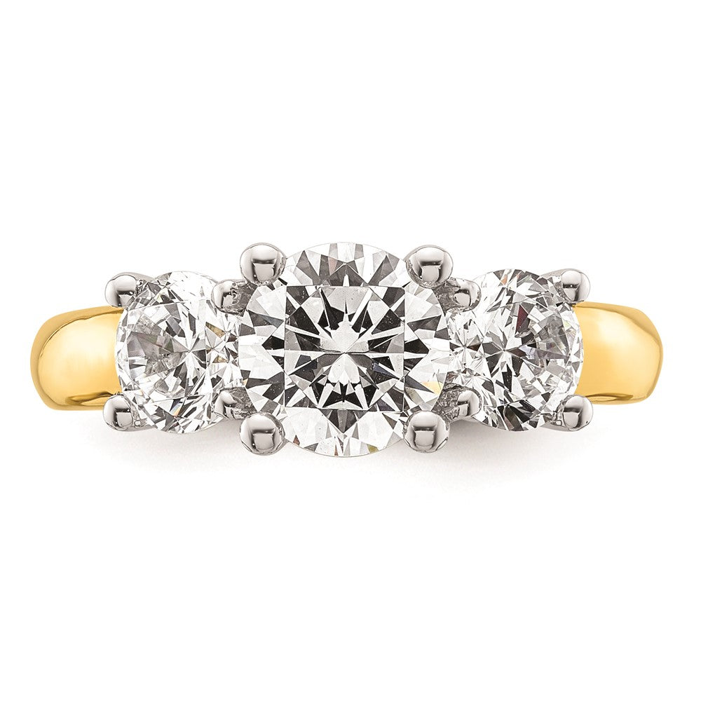 14K Two-tone 3-Stone (Holds 1.5 carat (7.5mm) Round Center and (2-5.8mm) Round Sides) Engagement Ring Mounting