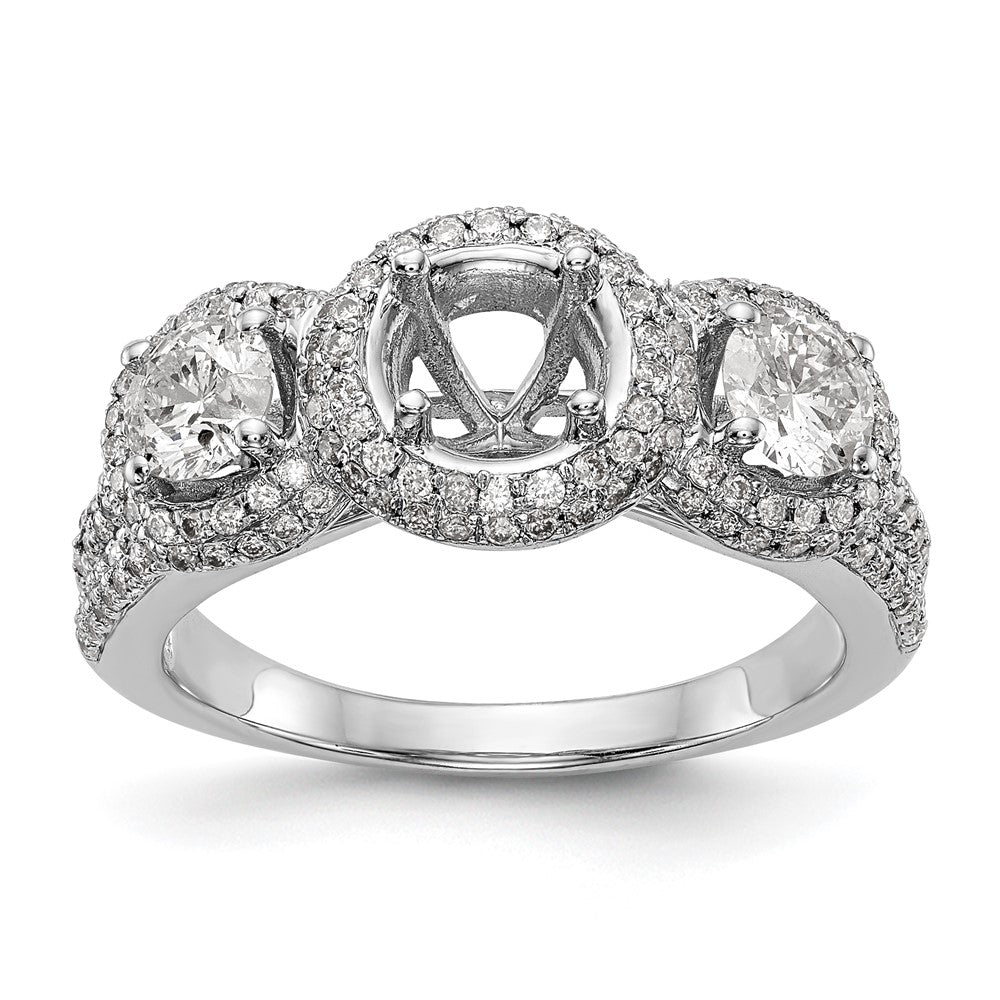 14K White Gold 3-Stone Plus (Holds 5/8 carat (5.5mm) Round Center and (2-4.5mm) Round Sides) Diamond Halo Semi-Mount Engagement Ring