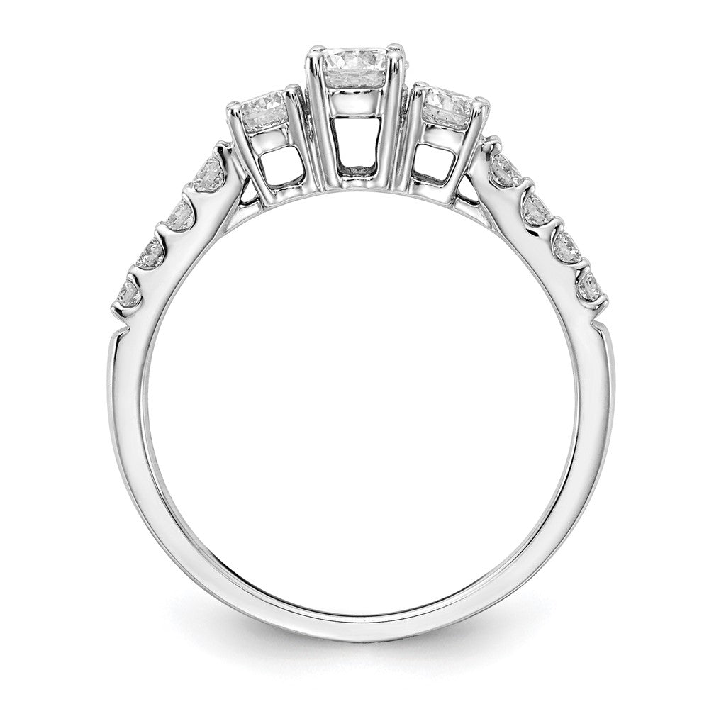 14k White Gold 1/2 carat Lab Grown Diamond VS/SI+ G+ 1/4 carat Center Round Semi Mount Three Stone Size 5 Engagement Ring