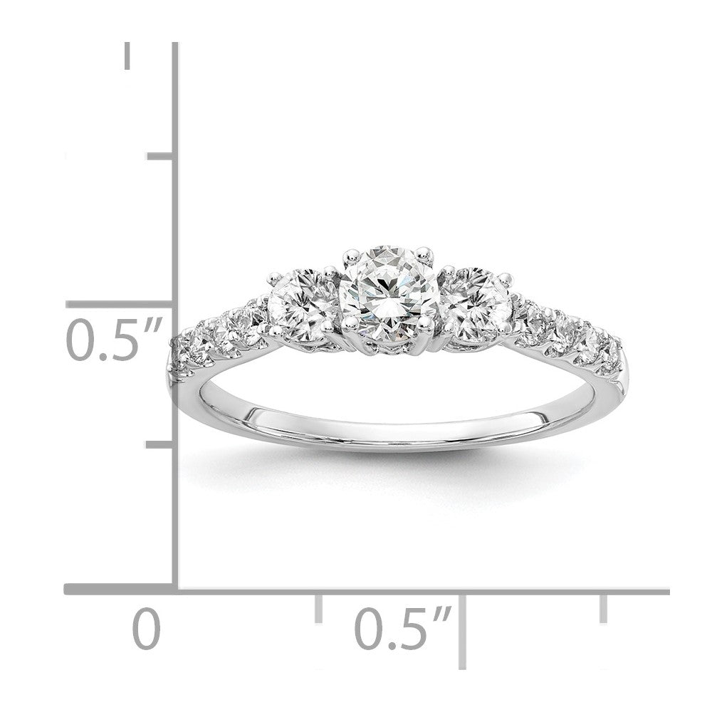 14k White Gold 1/2 carat Lab Grown Diamond VS/SI+ G+ 1/4 carat Center Round Semi Mount Three Stone Size 5 Engagement Ring