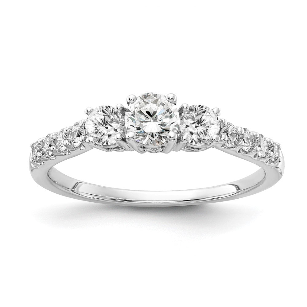 14k White Gold 1/2 carat Lab Grown Diamond VS/SI+ G+ 1/4 carat Center Round Semi Mount Three Stone Size 5 Engagement Ring