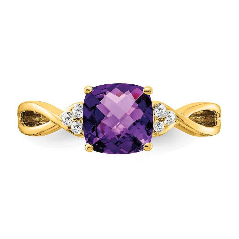 10k 7mm Cushion Checkerboard February/ Amethyst and Diamond Size 7 Ring
