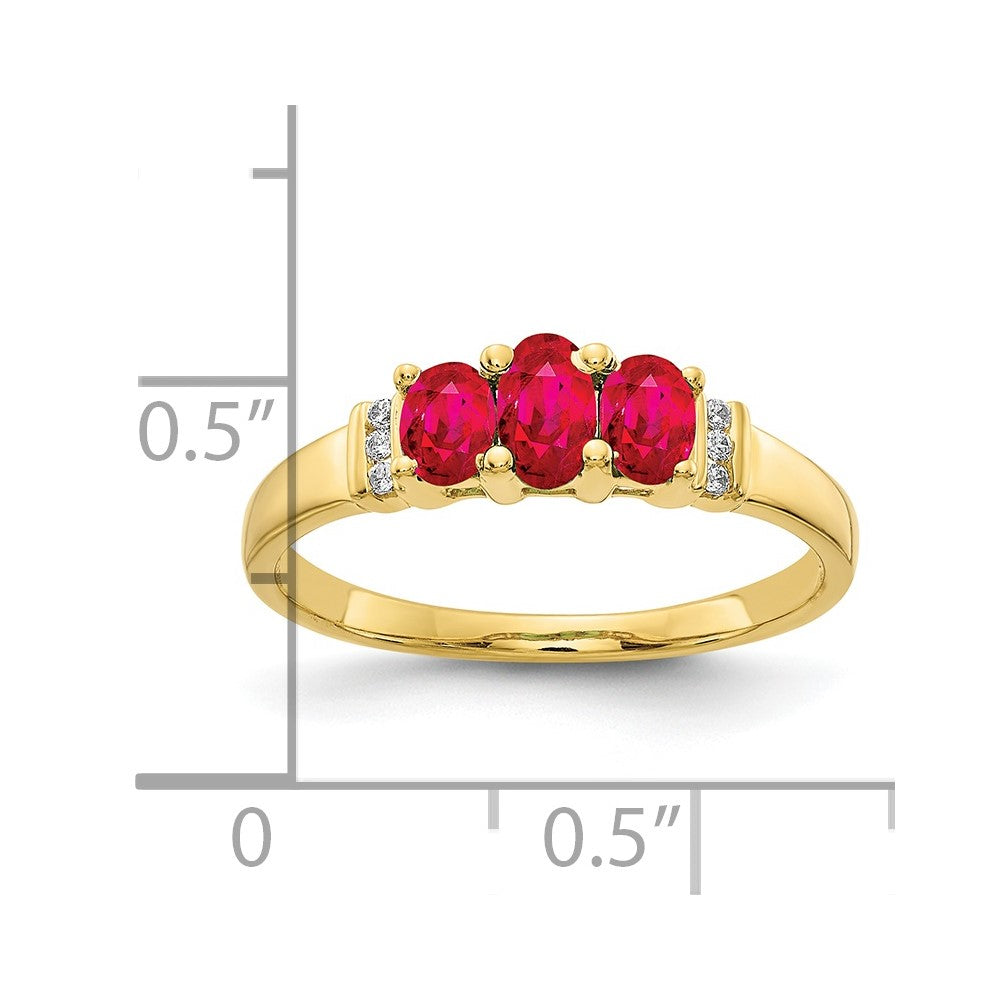 10k Polished Triple Ruby and Diamond 3-stone Ring