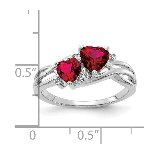 10k White Gold 5mm and 6mm Lab Created Ruby and Diamond Double Heart Ring
