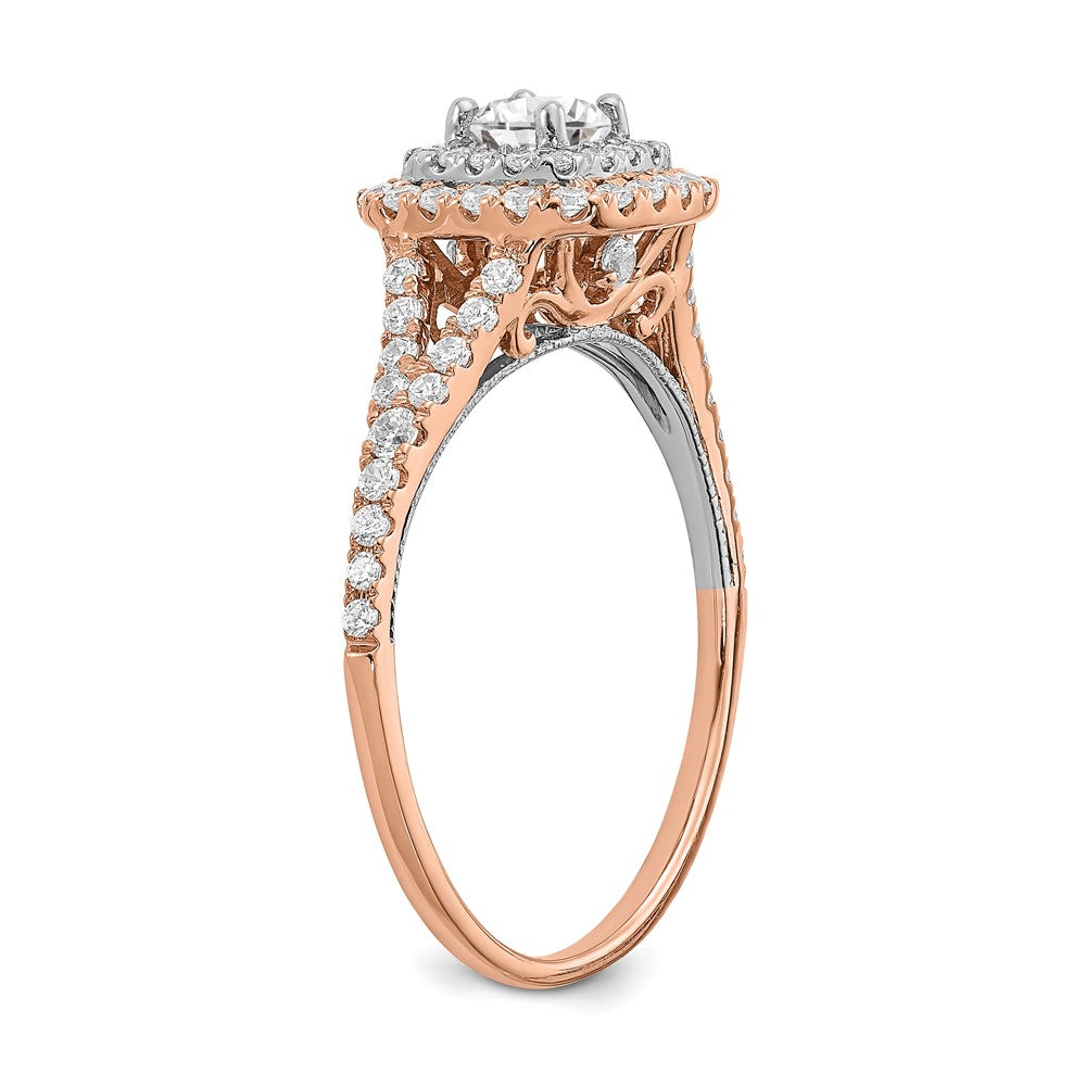 14k Rose and White Gold Double Halo (Holds 1/3 carat (4.5mm) Round Center) 1/2 carat Diamond Semi-mount Engagement Ring