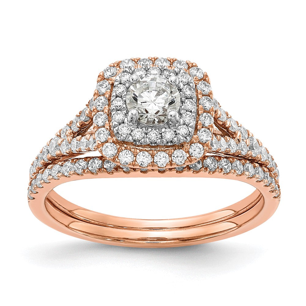 14k Rose and White Gold Double Halo (Holds 1/3 carat (4.5mm) Round Center) 1/2 carat Diamond Semi-mount Engagement Ring