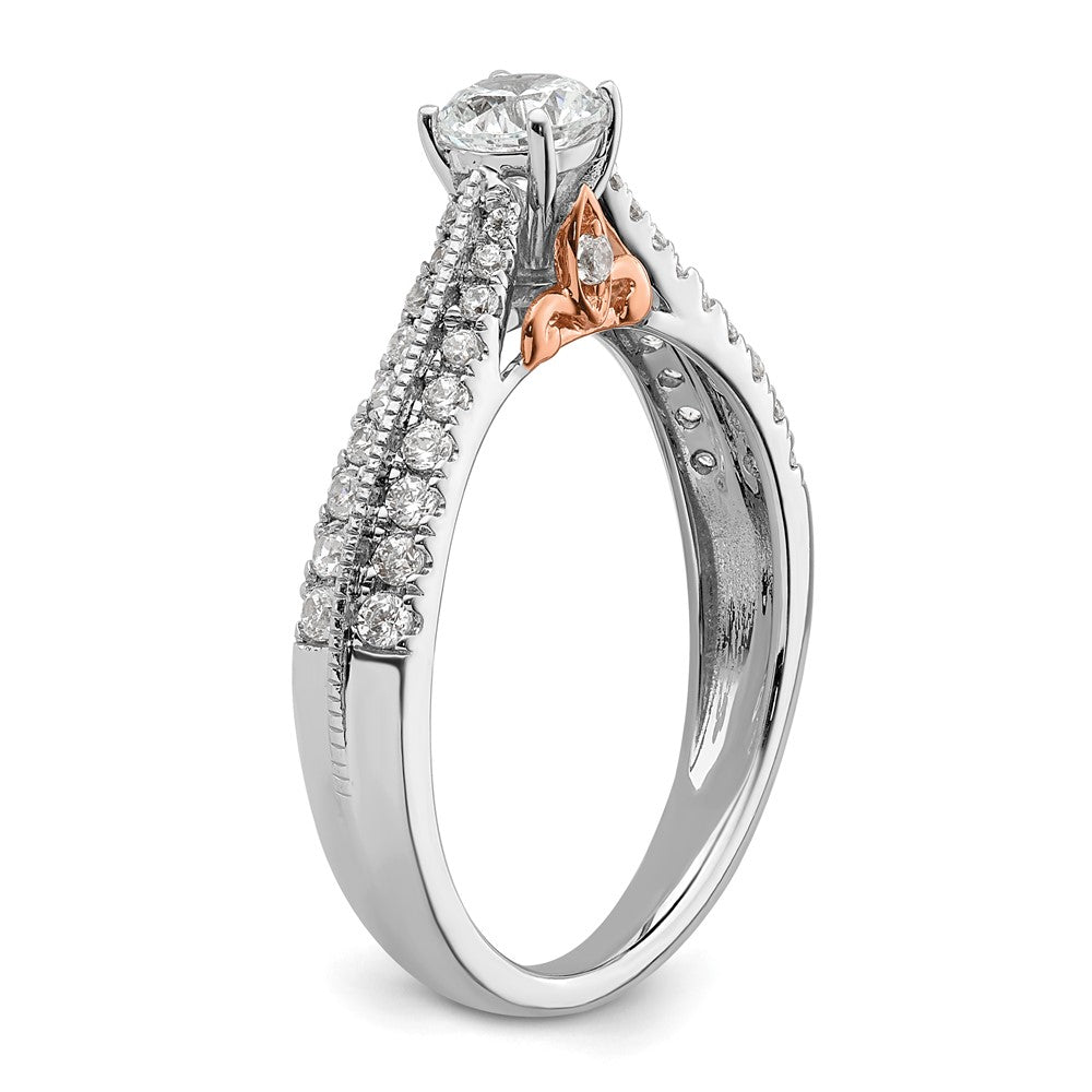 14k Two Tone Rose and White Gold 3/4 carat Lab Grown Diamond VS/SI+ G+ Round Complete Channel Set Shared Prong Engagement Ring