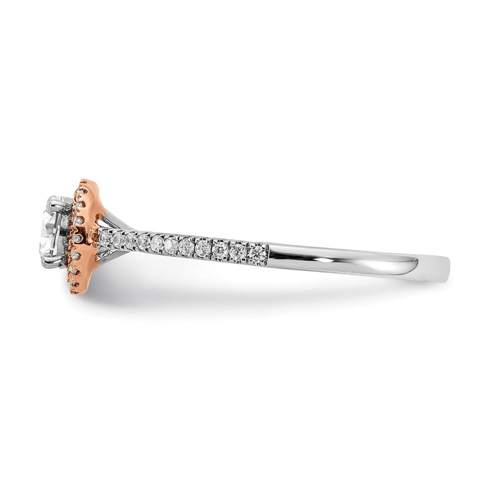 14k Two-tone Rose and White Gold 1/2 carat Lab Grown Diamond VS/SI+ G+ Round Complete Halo Engagement Ring