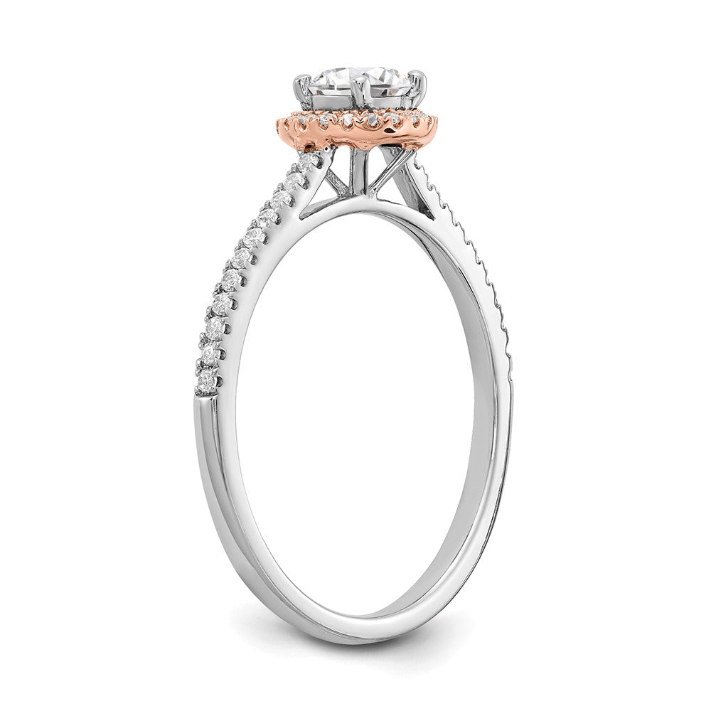 14k Two-tone Rose and White Gold 1/2 carat Lab Grown Diamond VS/SI+ G+ Round Complete Halo Engagement Ring