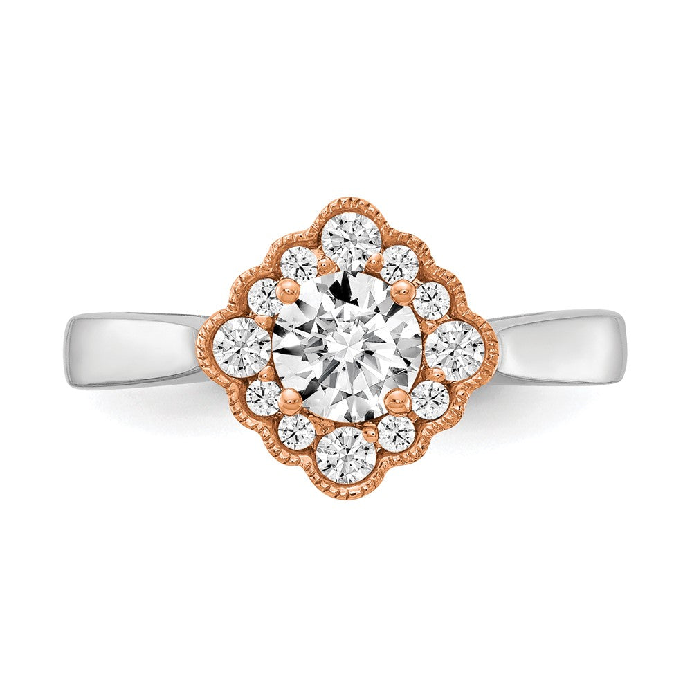 True Origin 14K Two Tone White and Rose Gold 1/4 carat Lab Grown Diamond VS+ F+ Semi-Mount Round Halo Engagement Ring