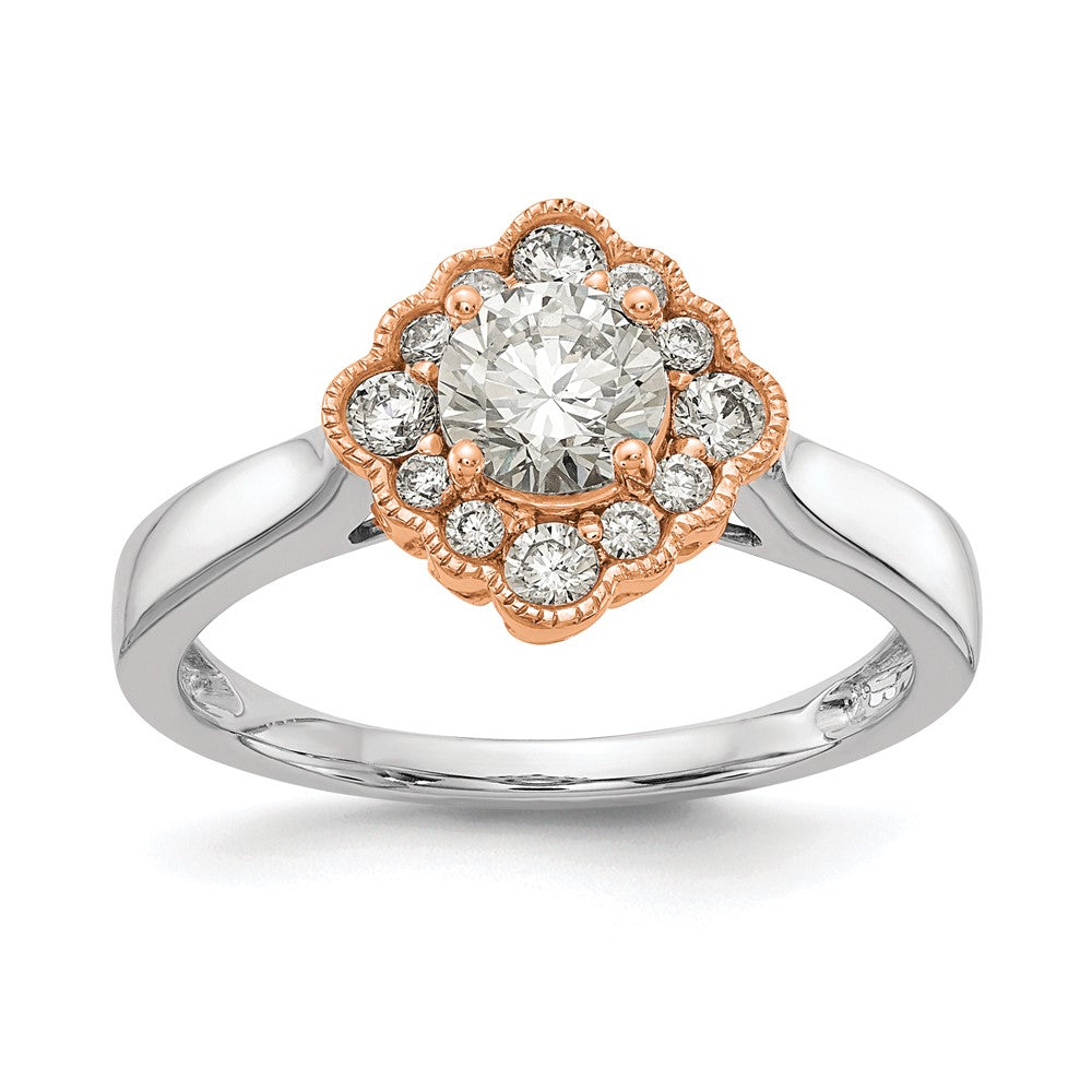 True Origin 14K Two Tone White and Rose Gold 1/4 carat Lab Grown Diamond VS+ F+ Semi-Mount Round Halo Engagement Ring