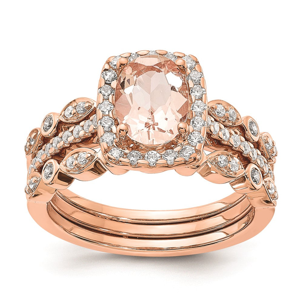 Blooming Bridal 14k Rose Gold Halo 8x6mm Oval Morganite and 1/3 carat Diamond Complete Engagement Ring